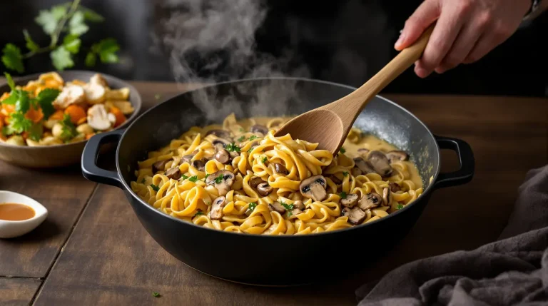 Cuites ensemble, nappées d&rsquo;une crème onctueuse et fondantes à souhait : le one pot pasta aux champignons ultra-rapide et réconfortant !